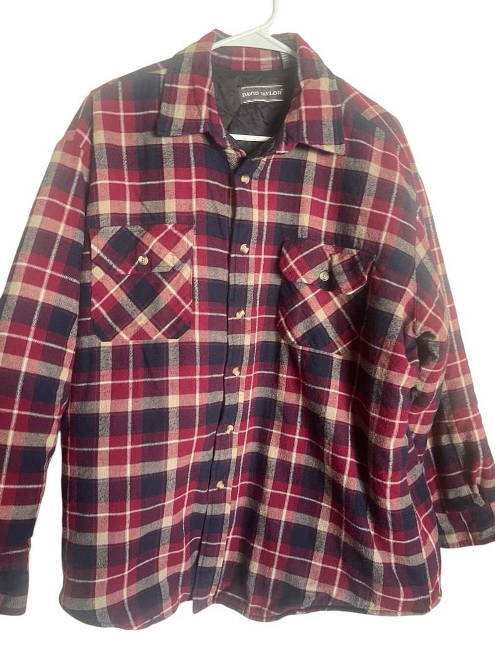 David Taylor Mens Red Navy Plaid Insulated Button Up Flannel Shirt Jacket Sz XL